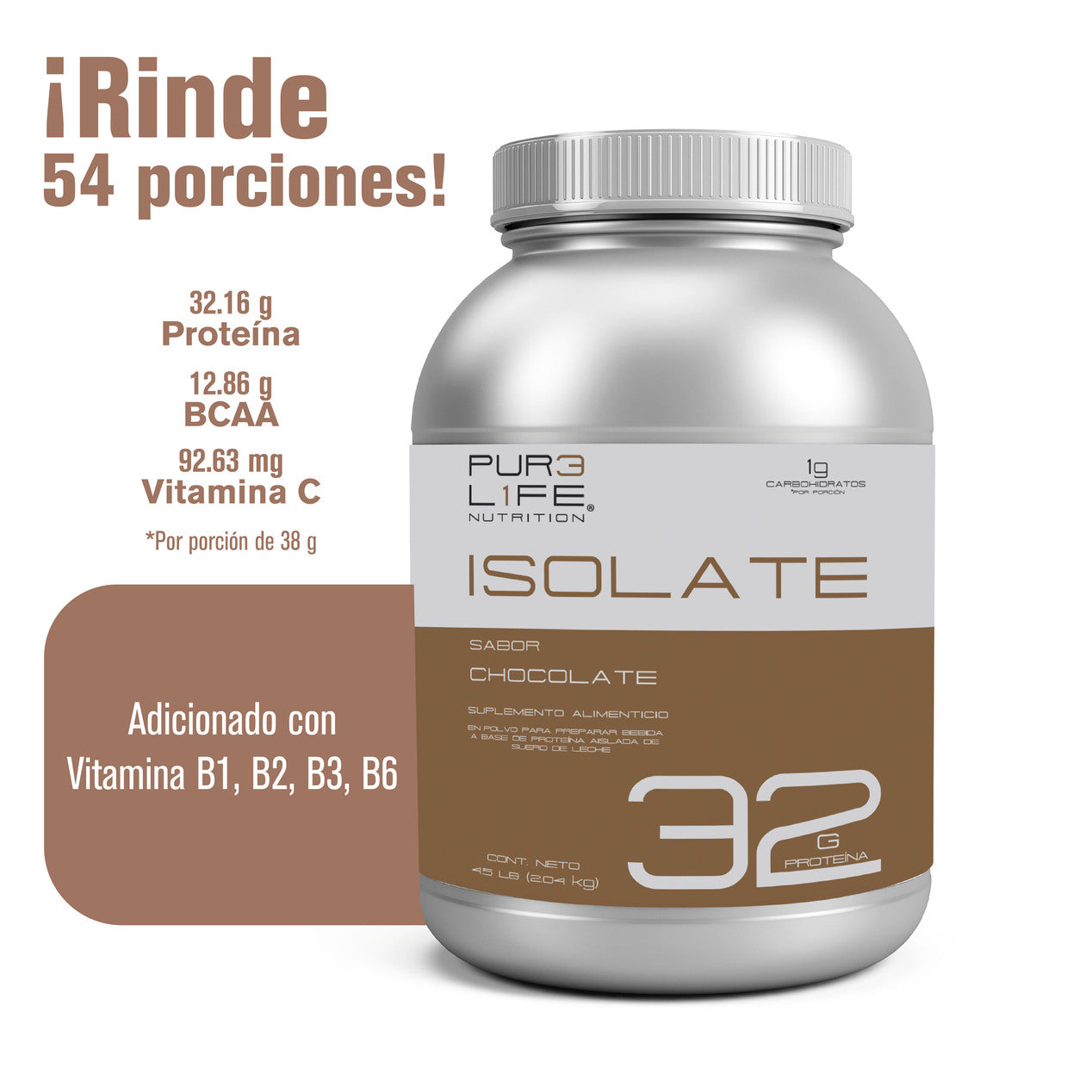 Pure Life Suplemento Gym Pre Entreno, Proteína Isolate 4.5 Libras (2.04 Kg) Con Vitamina C, Vitamina B Sabor Chocolate - 54 Porciones