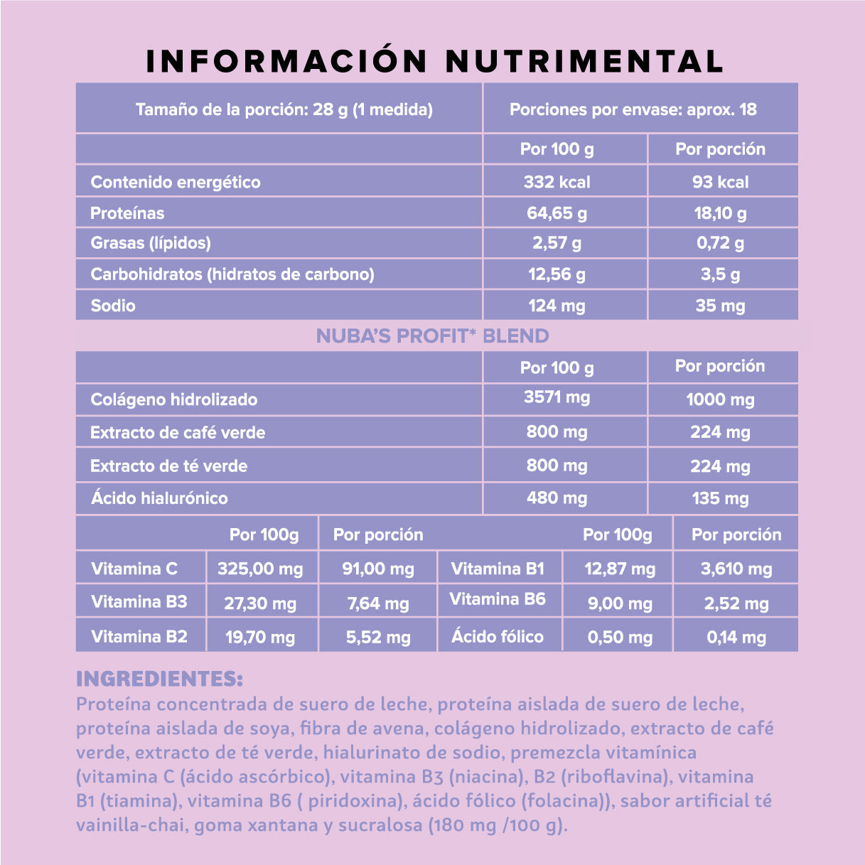 Nuba Proteína Sabor Vainilla Chai con Colágeno Hidrolizado, Ácido Hialurónico y Vitaminas Sin Azúcar Añadida En Polvo Pre, Post e Intra Entrenamiento 1 kg - 36 porciones