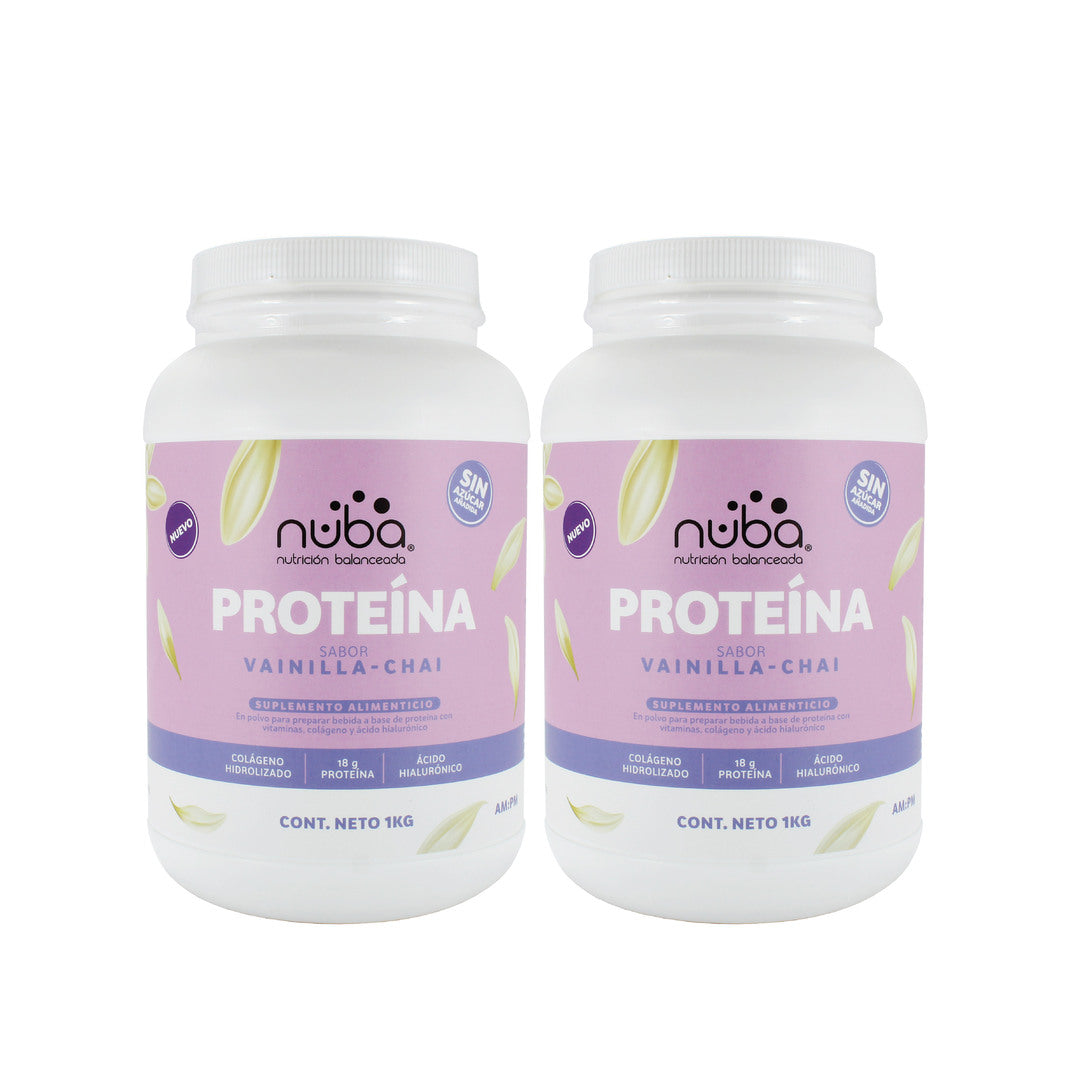 2 x Nuba Proteína Sabor Vainilla Chai con Colágeno Hidrolizado, Ácido Hialurónico y Vitaminas Sin Azúcar Añadida En Polvo Pre, Post e Intra Entrenamiento 1 kg - 36 porciones