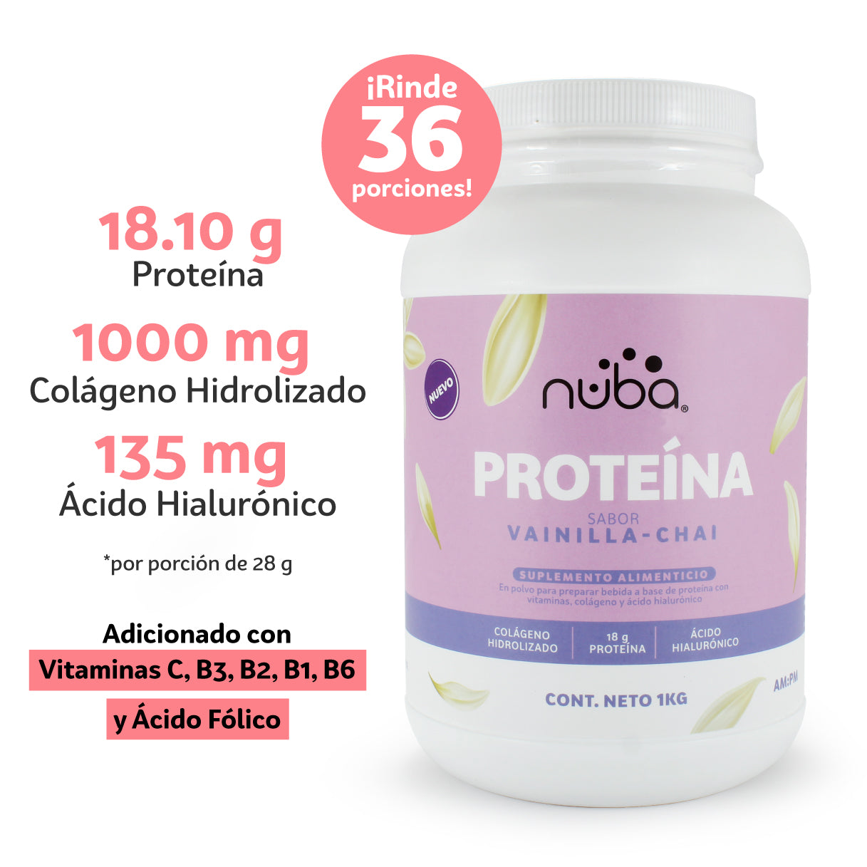 Nuba Proteína Sabor Vainilla Chai con Colágeno Hidrolizado, Ácido Hialurónico y Vitaminas Sin Azúcar Añadida En Polvo Pre, Post e Intra Entrenamiento 1 kg - 36 porciones