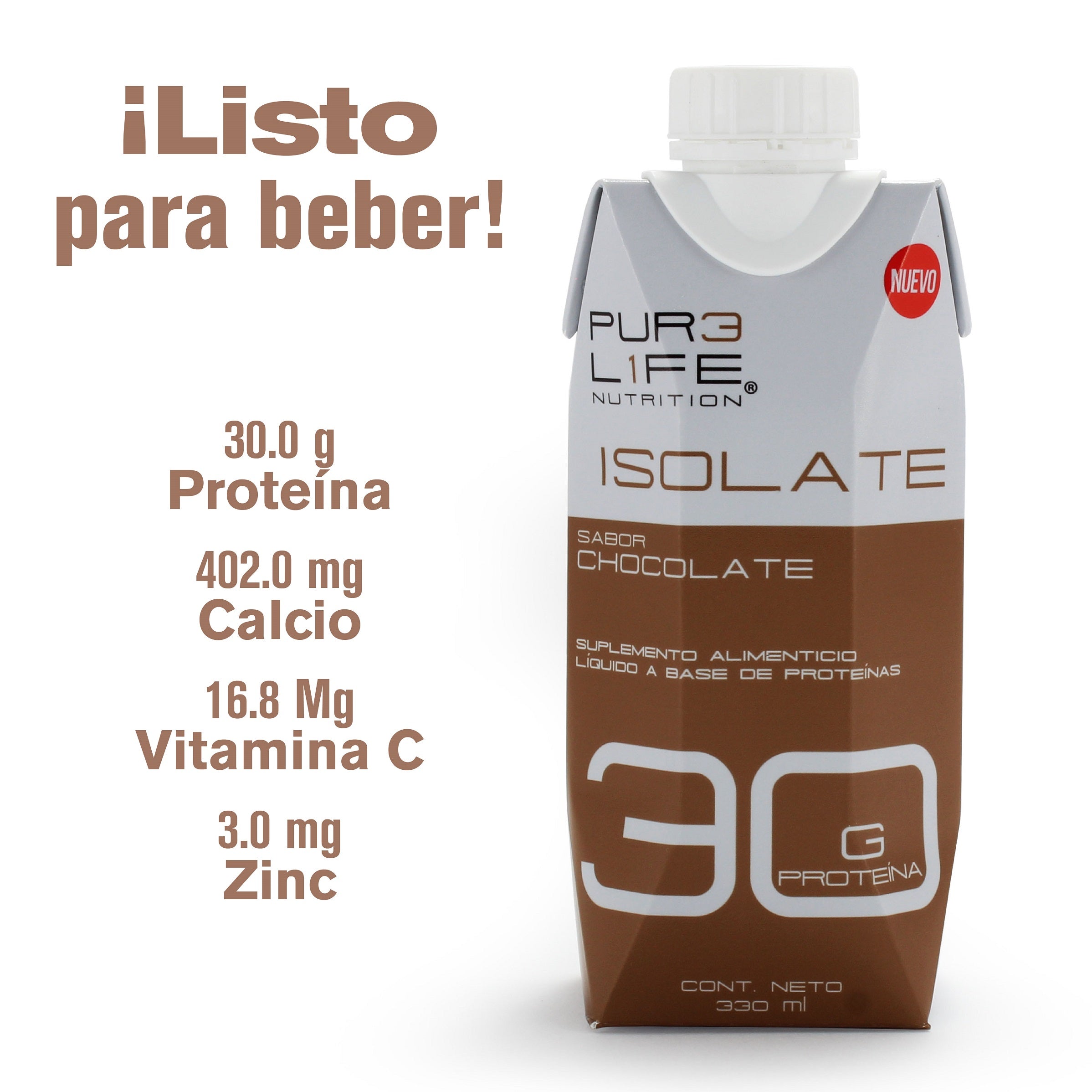 Pure Life Proteína Isolate Rtd, 12 Piezas 330 ml c/u. Sabor Chocolate