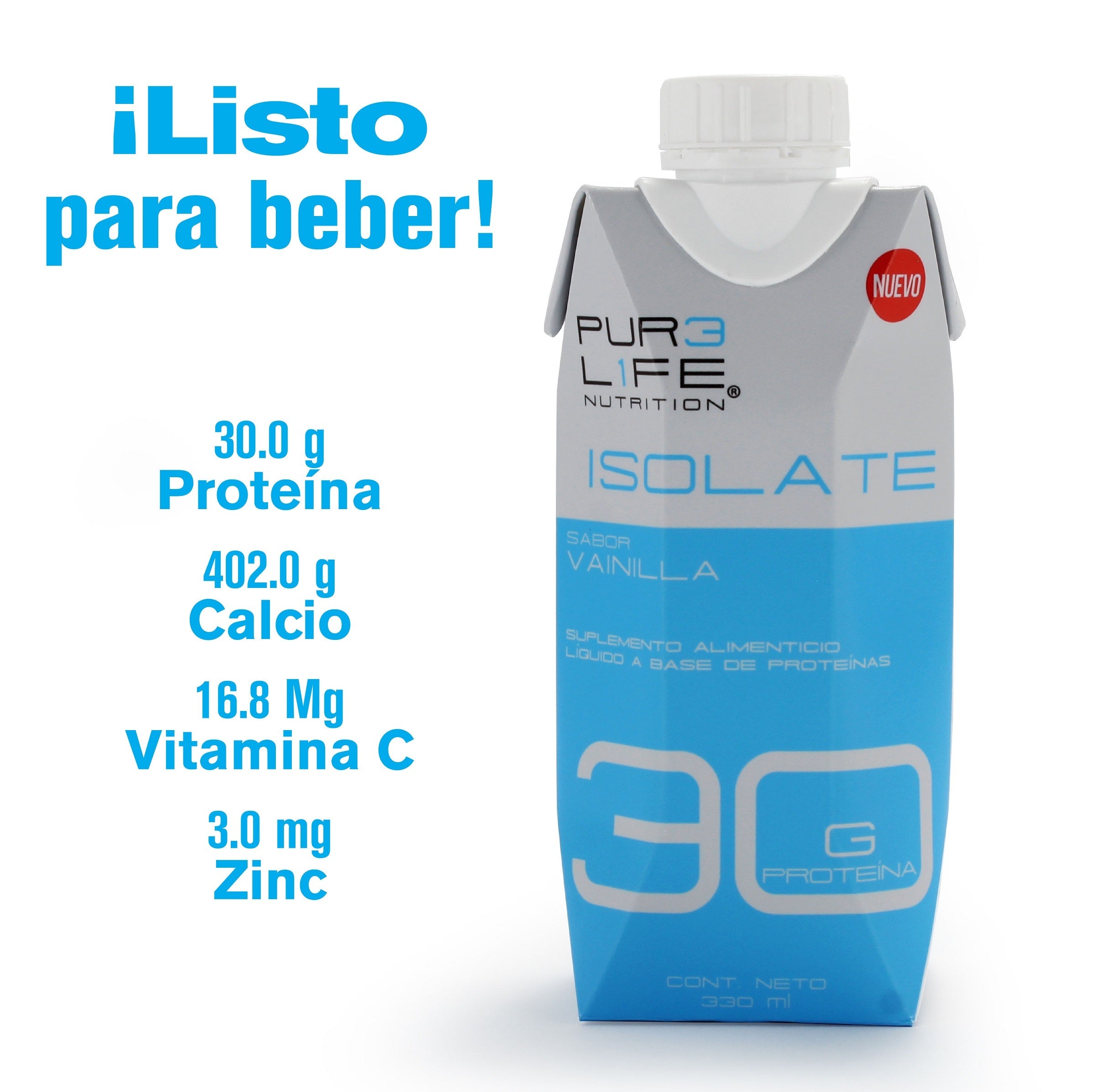 Pure Life Proteína Isolate Rtd, 12 Piezas 330 ml c/u. Sabor Vainilla