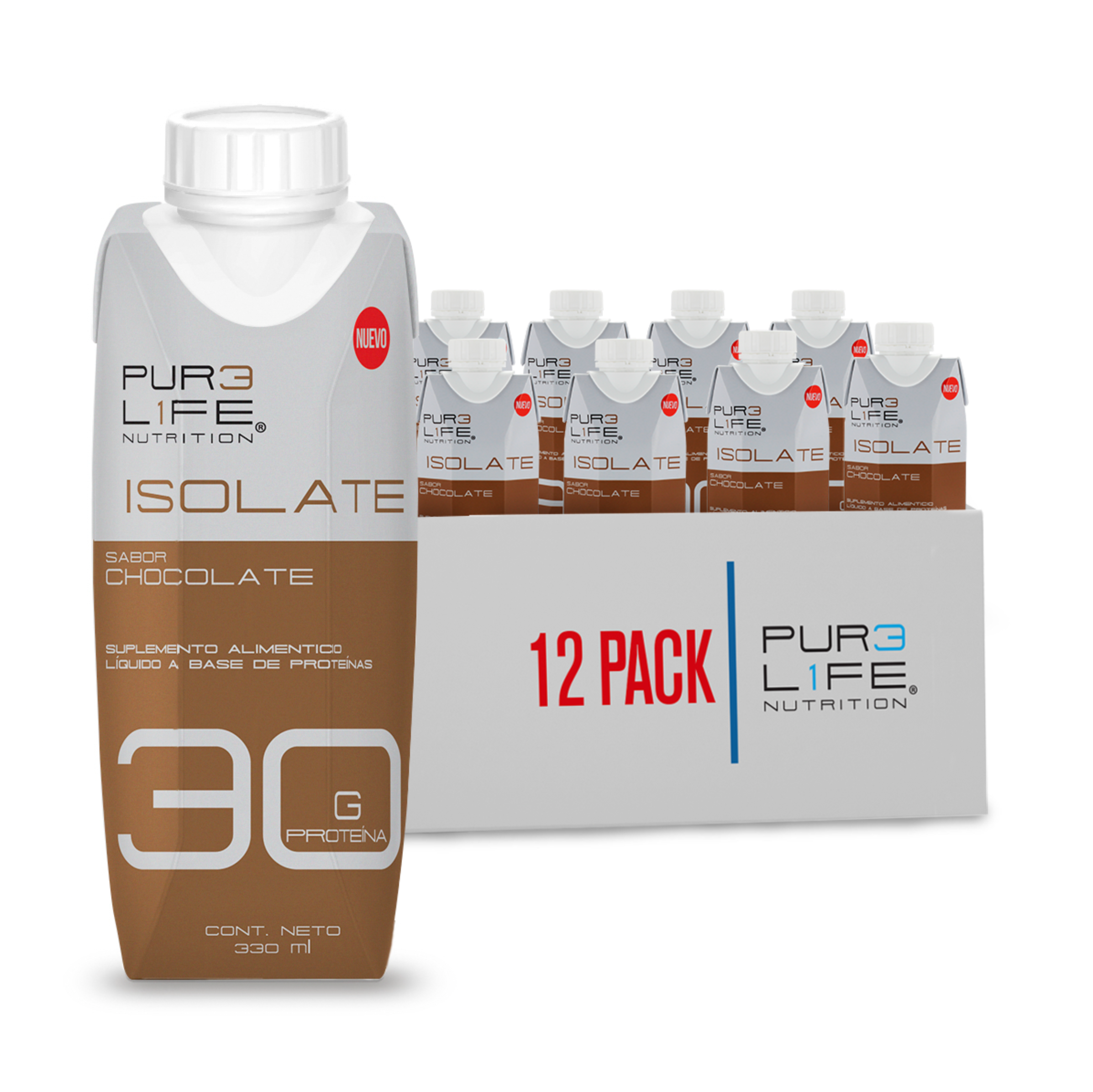 Pure Life Proteína Isolate Rtd, 12 Piezas 330 ml c/u. Sabor Chocolate