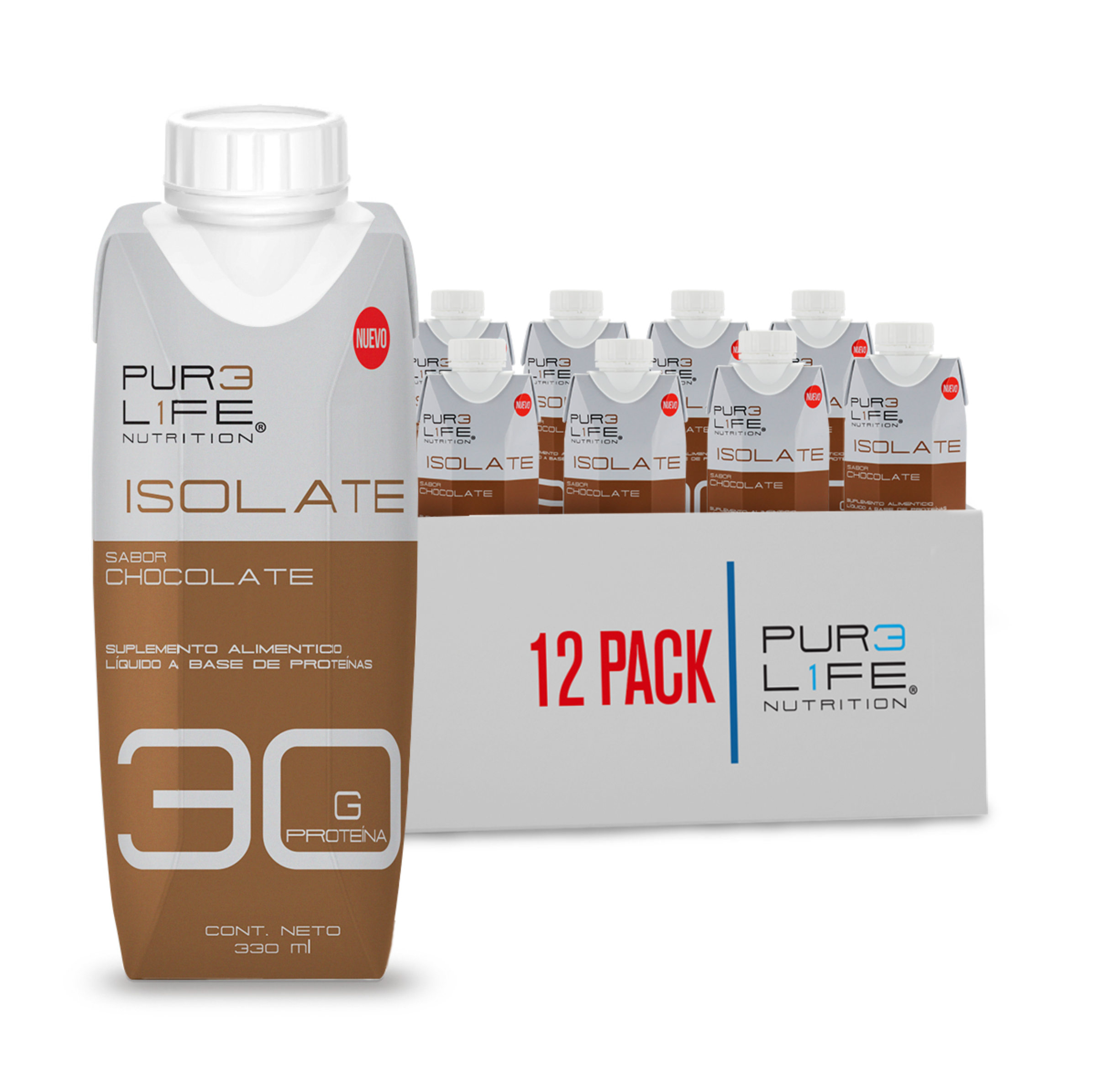 Pure Life Proteína Isolate Rtd, 12 Piezas 330 ml c/u. Sabor Chocolate