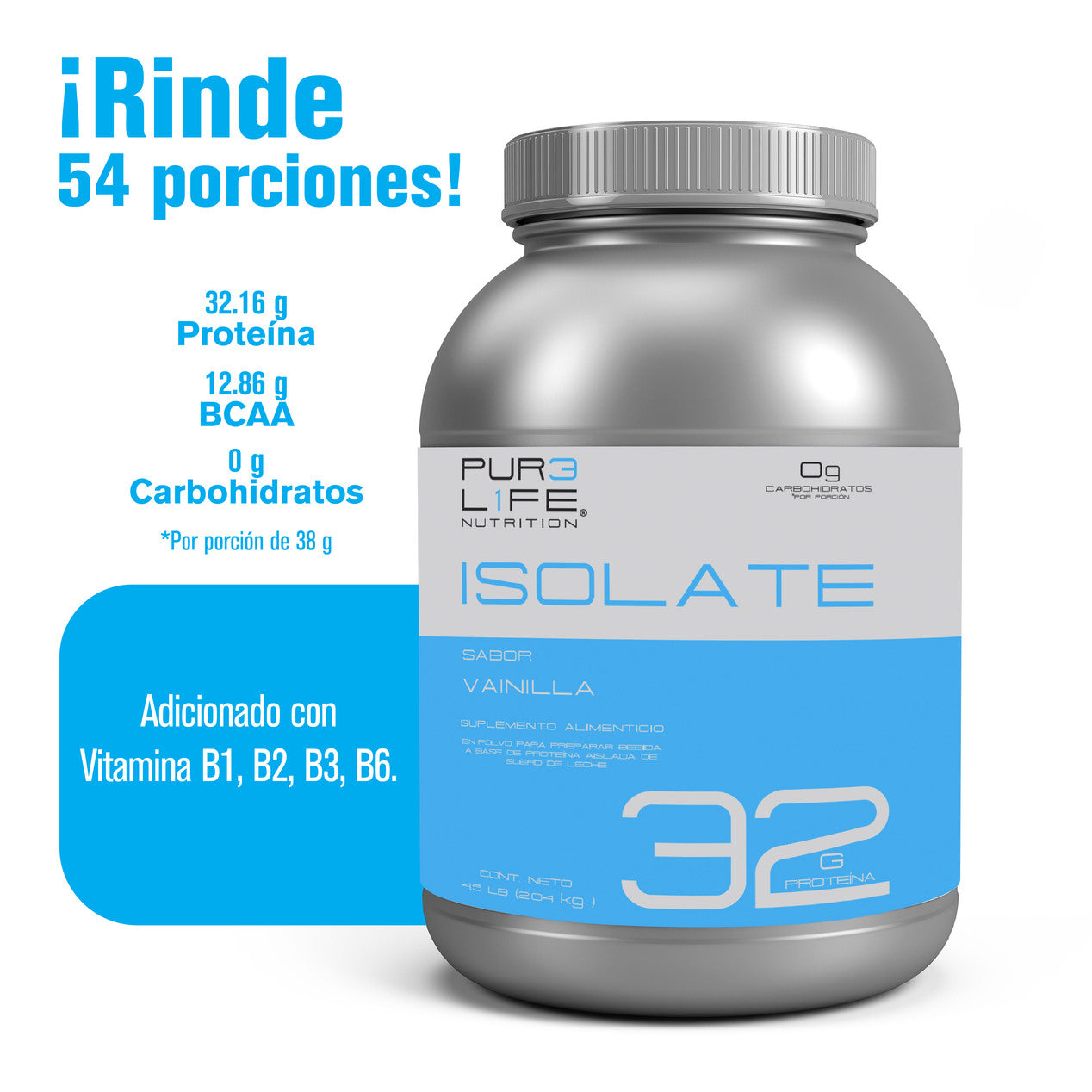 Pure Life Suplemento Gym Pre Entreno, Proteína Isolate 4.5 Libras (2.04 Kg) Con Vitamina C, Vitamina B Sabor Vainilla - 54 Porciones